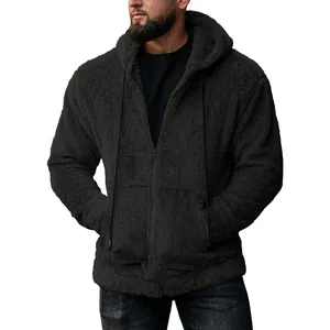 High-quality men's plush zip-up hoodie with drawstring hood in dark charcoal fleece