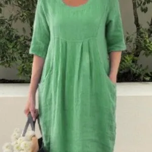 Women's Casual Cotton Linen Round Neck Midi Dress With Pockets Solid Color Long Sleeve Loose Fit Swing Dress Top And Bottom
