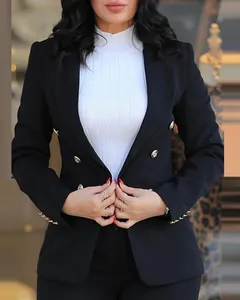 Vista detallada de un blazer negro de mujer con elegantes botones dorados cruzados