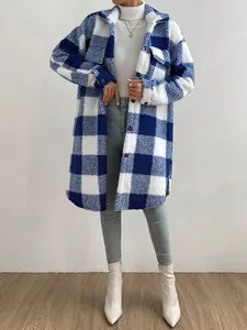 Long-line blue and white plaid shaggy coat with lapel collar shown on model