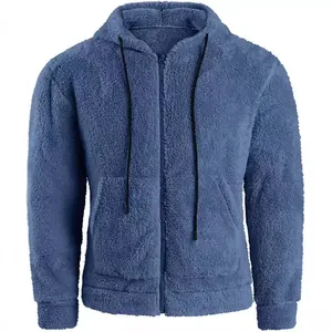 Cozy blue men's plush hooded cardigan jacket with front zipper and drawstring detail