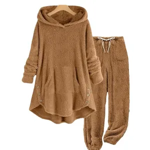 Women's two-piece brown fleece hoodie and pants lounge set for autumn and winter