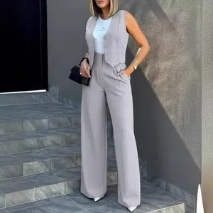 Moda Donna Gilet Top And Bottom Tuta Casual Pendolarismo Tinta Unita Tuta Poliestere Gilet Gamba Larga Pantaloni Set Coordinato