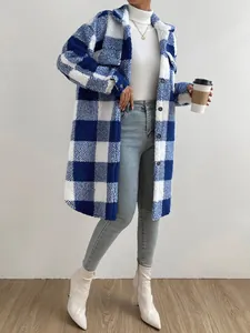 Stylish blue and white buffalo check plush fleece coat with lapel collar and button closure