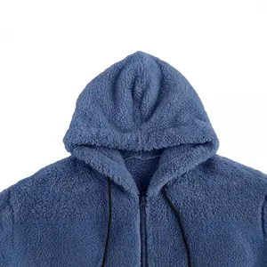Men's autumn plush hooded cardigan jacket in deep blue featuring zipper and drawstring