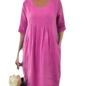 Elegant magenta round neck maxi dress with long sleeves, side pockets and pleated waist