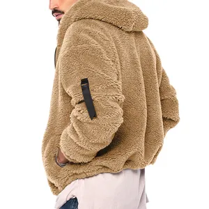 Herren warmer Fleece-Kapuzenjacke in Camel mit Ärmel-Detail für den Herbst und Winter
