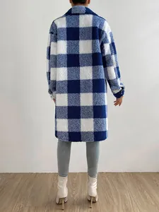 Detailed back view of a stylish blue and white checkered plush long coat for women.