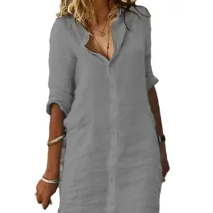 Women's loose fit grey linen shirt dress featuring lapel collar and button closure