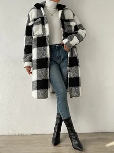 Detailed look at stylish black and white buffalo plaid plush long coat with lapel collar.