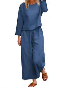 Loose fit blue linen cotton two-piece set featuring long sleeve top and wide leg pants