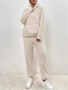Warm beige plush fleece two-piece loungewear set with hoodie and joggers for women.