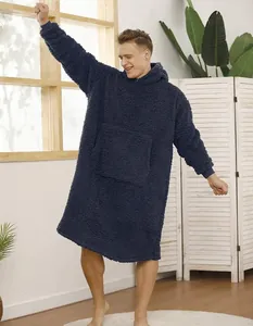 Ultra soft oversized navy blue sherpa fleece wearable hoodie blanket with pocket.