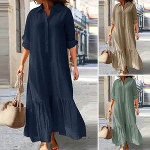 Loose cotton linen long dress with shirt collar and button details in multiple colors