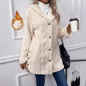 Modische Damen-Plüschjacke mit Kapuze und Rautenmuster in Off-White