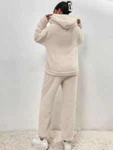 Back view of a cozy beige teddy fleece hooded loungewear set with matching long pants