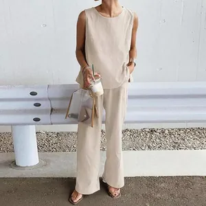 Casual linen-style two-piece set featuring a sleeveless top and wide-leg trousers