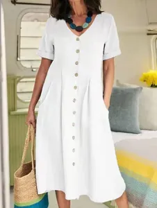 Elegant white cotton linen button-down dress featuring a V-neck and short sleeves