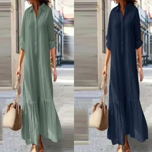 Casual cotton linen maxi shirt dress with irregular hem in sage green and navy blue variants