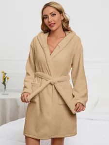 Cozy and soft plush hooded bathrobe with adjustable tie waist for women in beige