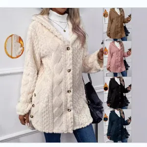 Damen Herbst Winter Plüsch Kapuzenstrickjacke Rautenmuster Warme Jacke Mit Knöpfen Lockere Lässige Langarm Oberbekleidung Top