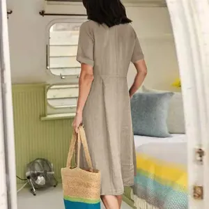Rear view of a stylish casual khaki cotton linen midi dress for women with high waist