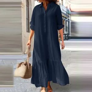 Elegant navy blue cotton linen maxi shirt dress with loose pleated hem detail