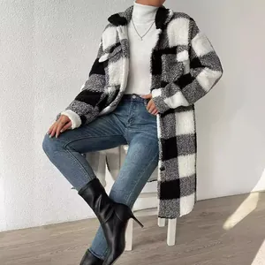 Elegant black and white plaid plush long coat with lapel and button closure for women