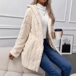 Gemütliche weiße Fleece-Kapuzenjacke mit Rautenmuster für Damen-Wintermode