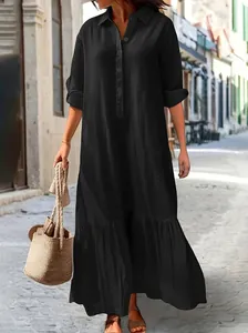 Elegant black cotton linen maxi dress with shirt collar and long sleeves for casual wear