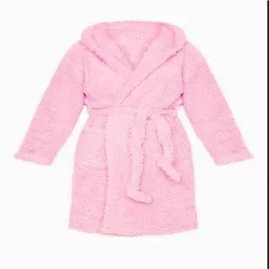 Full view detail of a pink plush hooded robe with tie belt and soft fleecy texture