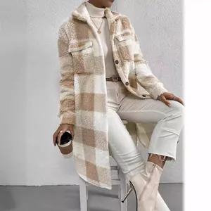 Cozy long plaid sherpa coat with lapel collar and buttons for women's autumn winter fashion