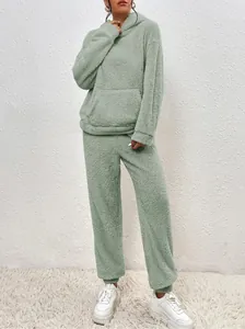 Cozy sage green fuzzy fleece hooded loungewear set with pockets and jogger pants