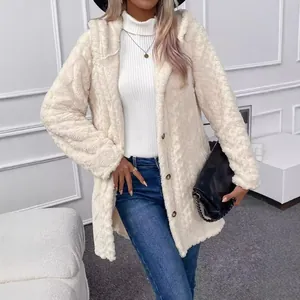 Modische cremeweiße flauschige Kapuzenstrickjacke für Damen, ideal für Herbst und Winter