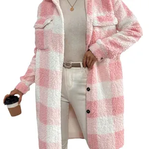Elegant pink and white plaid long sherpa fleece coat with lapels and buttons for women