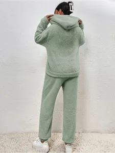 Detailed back view of a cozy sage green fuzzy two-piece loungewear set with hoodie