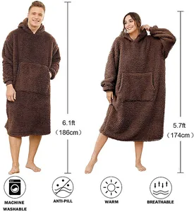 Long oversized brown Sherpa wearable blanket hoodie shown on models for height scale