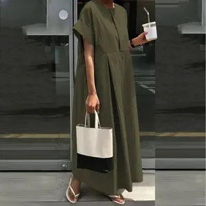 Elegant loose olive green cotton linen maxi dress with short sleeves and pleated skirt