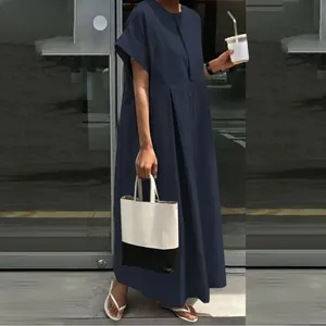 Loose-fit navy blue cotton linen long dress with round neck for a casual look
