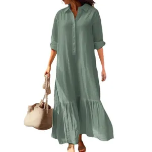 Full length view of elegant sage green cotton linen shirt dress with button collar