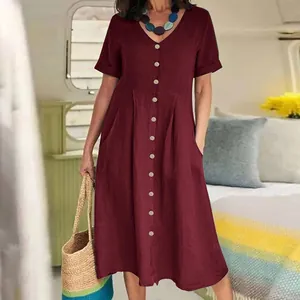 Elegant loose burgundy cotton linen V-neck button-down midi dress with short sleeves