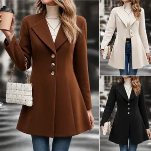 Slim fit women's woolen coat with lapel and flared hem in multiple solid colors
