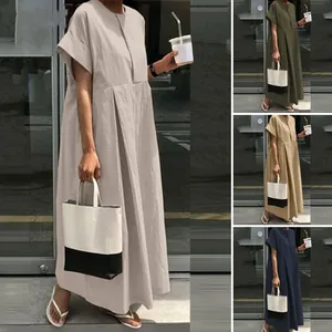 Women Casual Cotton Polyester Blend Maxi Dress Round Neck Short Sleeve Loose Oversized Pleated Solid Color Long Dress