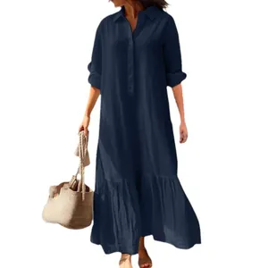 Elegant long navy blue cotton linen maxi shirt dress with button-down collar for casual style
