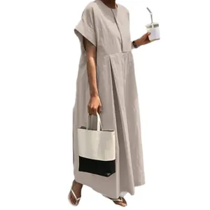 Oversized loose cotton linen maxi dress with round neck and pleated waist