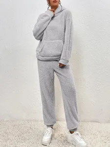 Full view of women's warm grey fuzzy two-piece loungewear set featuring a hooded sweatshirt