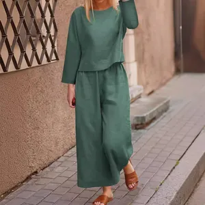 Loose solid green long sleeve top and wide leg trousers casual two-piece outfit set