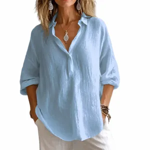 Camisa informal de lino azul claro de manga larga con elegante cuello en V para mujer