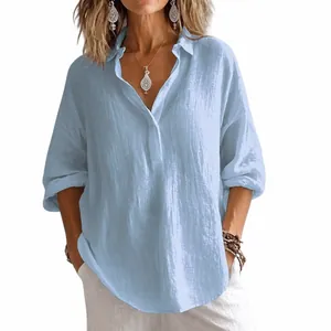Chemise en lin bleu clair à manches longues et col en V élégant pour femme, style décontracté