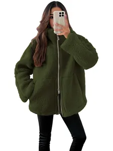 Oversized sherpa fleecejas voor dames in donkerolijfgroen met hoge kraag en volledige rits